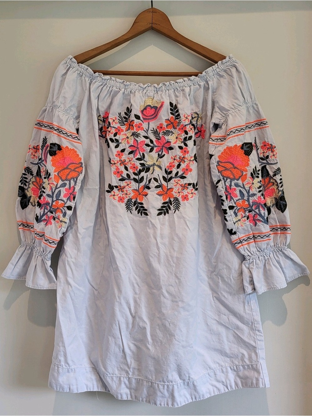 Free People Floral Embroidered Boho Off The Shoulder Blue